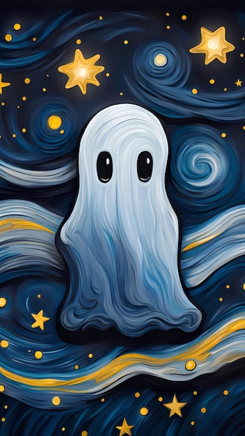 Ghost in starry night cartoon character design concept halloween illustration