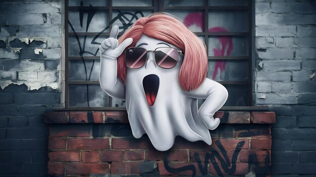 Ghost in sunglasses and wig posing over brick wall