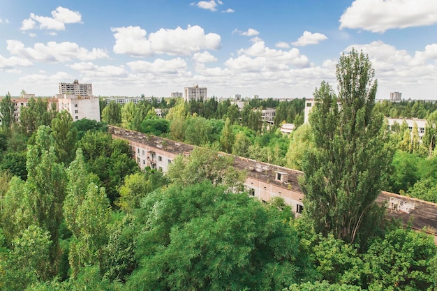 Ghost town Pripyat overgrown by wild self-seeding forest