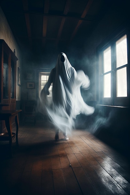 A ghost walks in a dark room with a window that says'the ghost'on it.