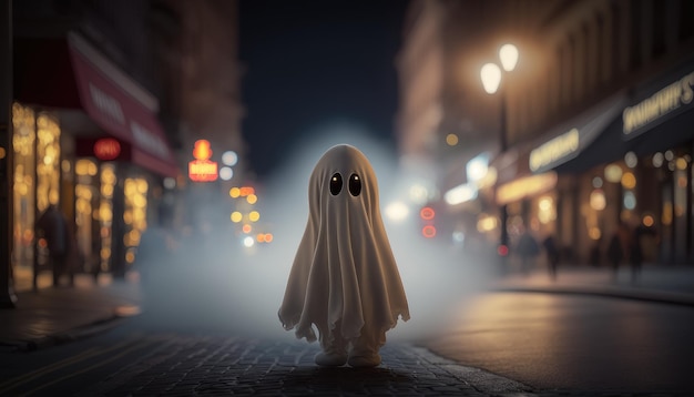 A ghost walks down a street in a foggy night.