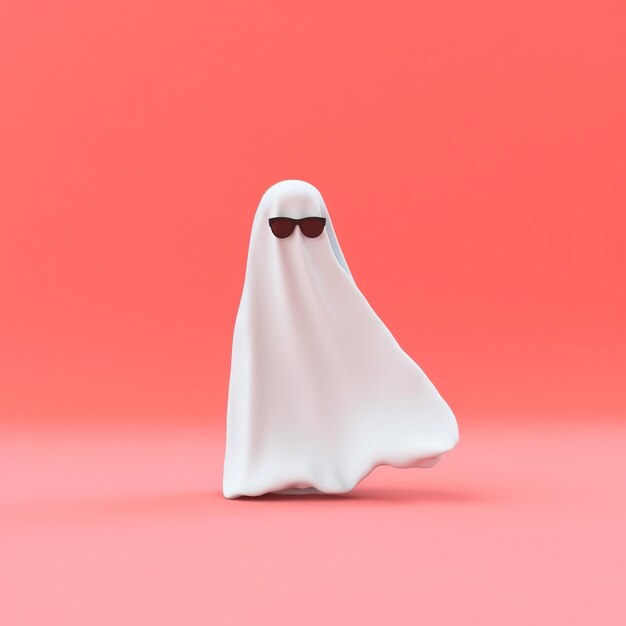 A ghost wearing sunglasses stands in front of a pink background.