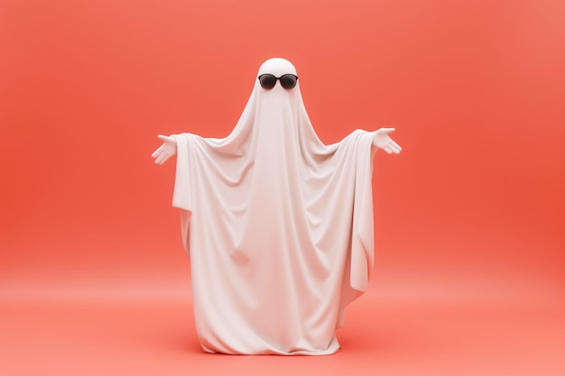 A ghost in a white ghost costume stands in front of a red background.