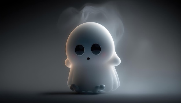 A ghost with big eyes sits in the dark