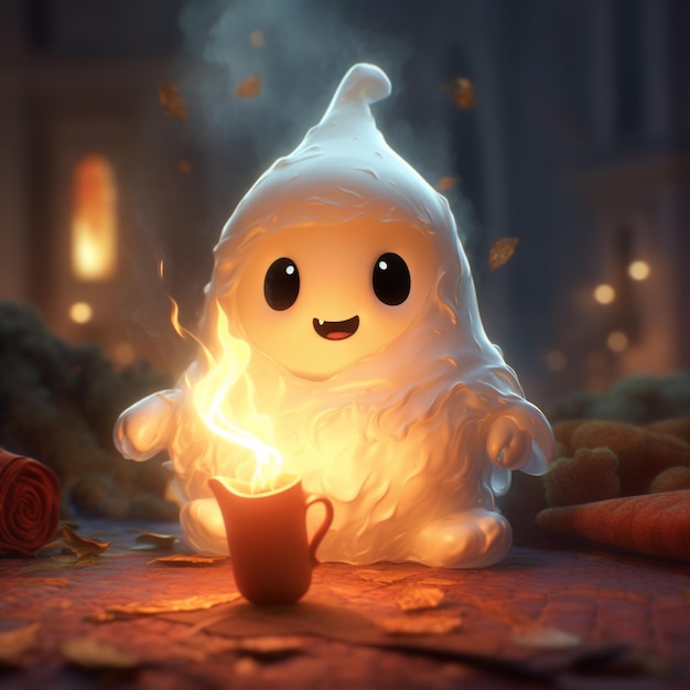 A ghost with a cup of coffee in front of it.