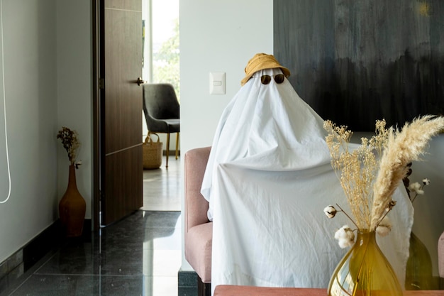 Ghost with sparkling hat ghost with sheet and sunglasses with halloween theme mexico