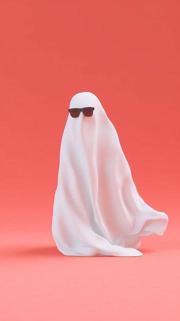 A ghost with sunglasses on it stands in front of a red background.