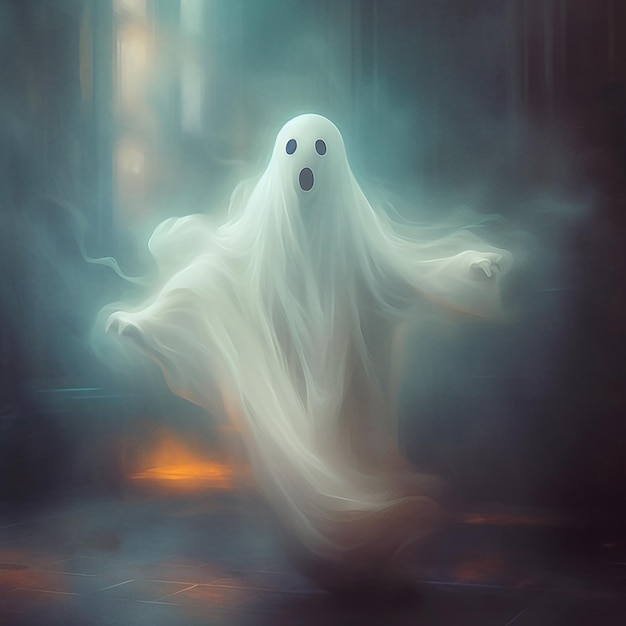 A ghost with a white cover has a face on it.