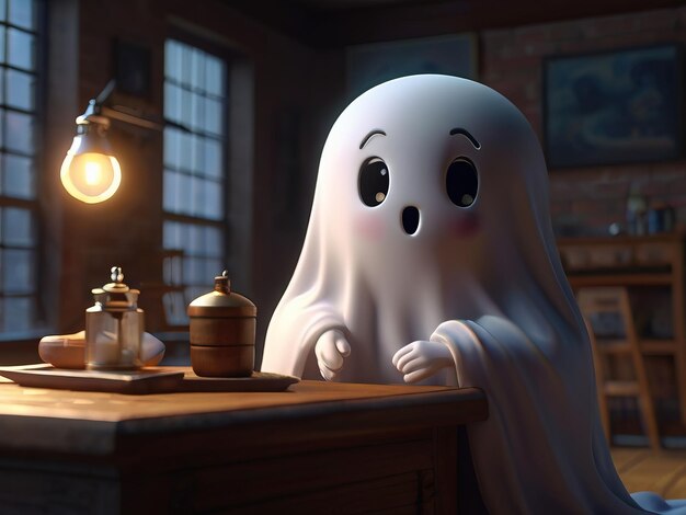 a ghost with a white face sits on a table in front of a lamp