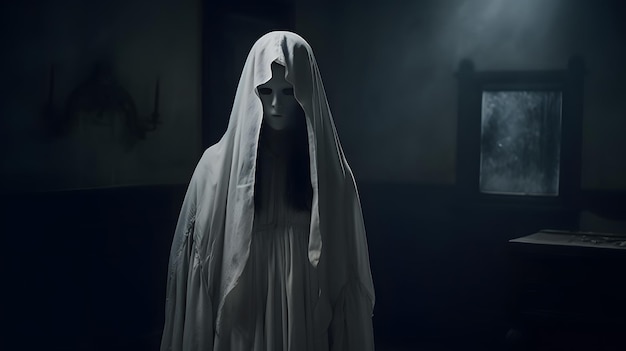 하얀 가면을 쓴 유령이 어두운 방에 서 있다.