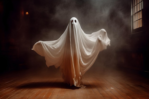 Foto un fantasma con sopra un lenzuolo bianco si trova in una stanza buia da cui esce del fumo.