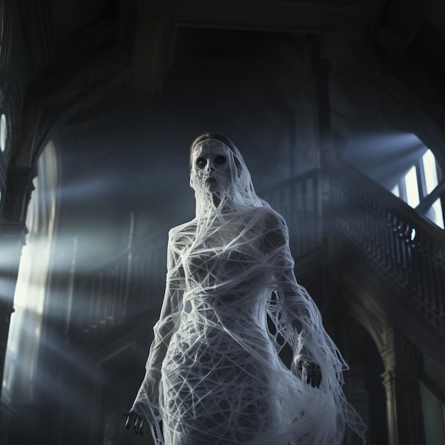 Photo ghost with white veil in a spooky house created with generative ai