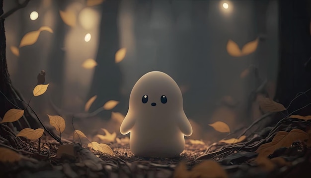 A ghost in the woods with leaves on the ground