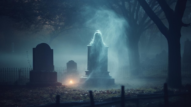 A ghostly apparition hovering over a tombstone