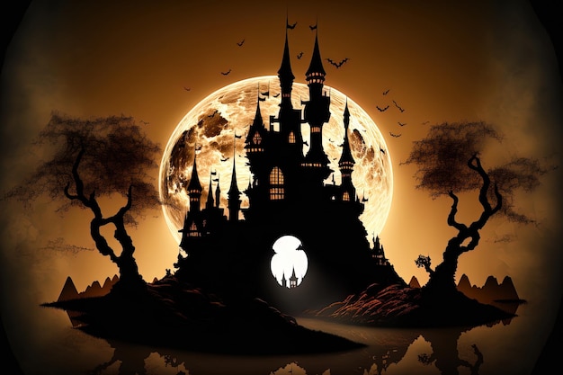 A ghostly castle in silhouette on a fictitious planet in a Halloween setting