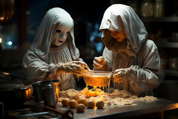 Ghostly children baking Halloween treats