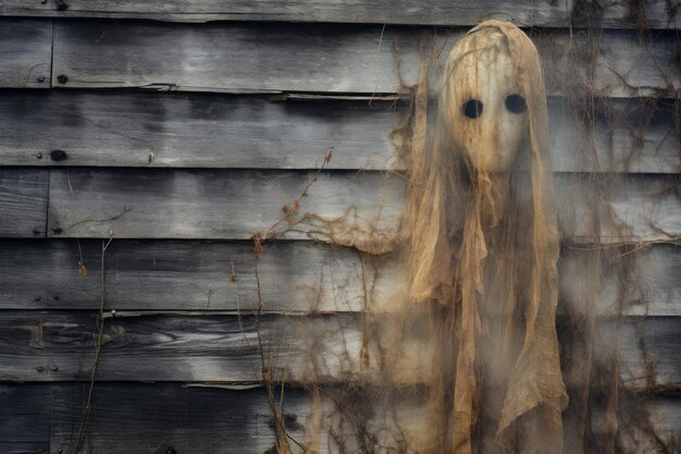 a ghostly face is standing in front of a wooden wall