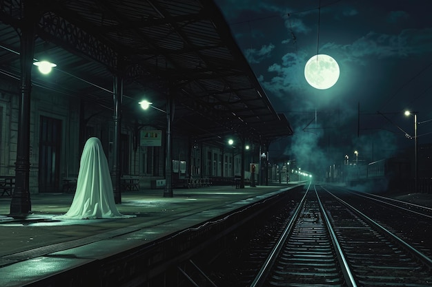 Photo a ghostly figure caught on camera standing on the tracks of a train station at night a translucent ghost lurking in the eerie light of a full moon at a deserted train station ai generated