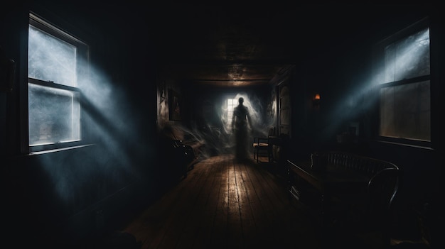 Foto figura spettrale che galleggia in una stanza vecchio stile scarsamente illuminata immagini di fantasmi vero fantasma