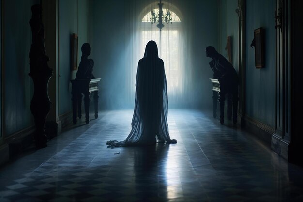 Ghostly figure standing at the end of a long shadowy corridor in an old mansion