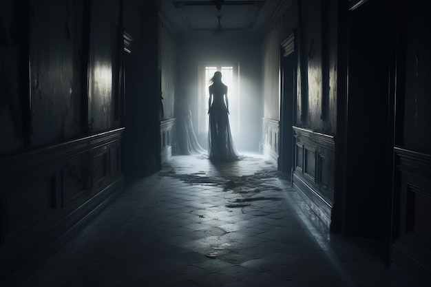 Ghostly figure standing at the end of a long shadowy corridor in an old mansion