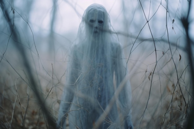 a ghostly figure standing in the middle of a forest