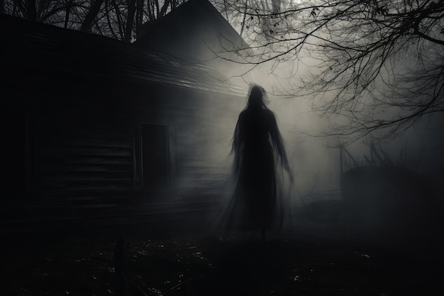 a ghostly figure stands in front of a house at night