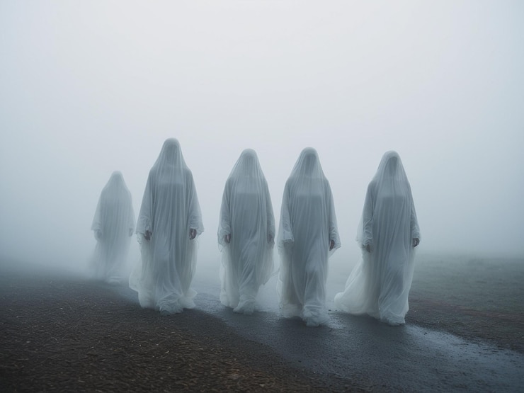 Photo 白い服を着た幽霊の姿が霧の野原を歩いている