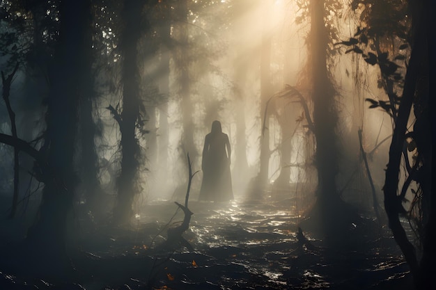 Ghostly Forest 忘れられないほど光る木々や幽霊のような幽霊が漂う霧の森