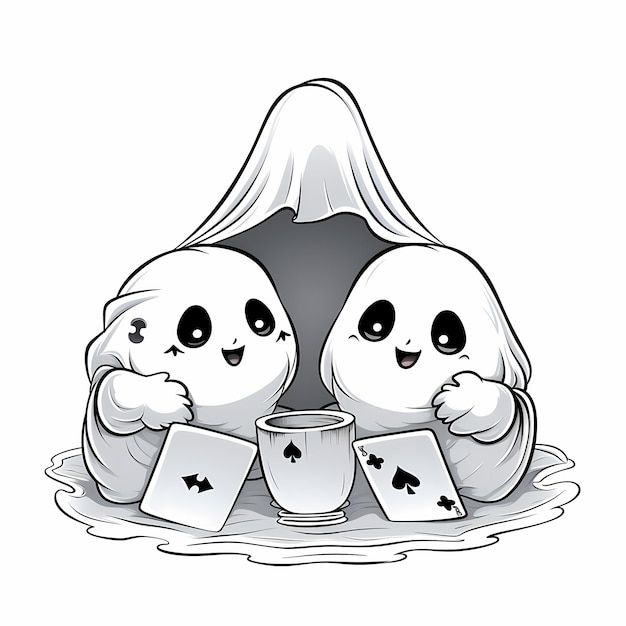 Ghostly Game Night A Playful Tattoo Design of Three Cute Spirits Playing Cards