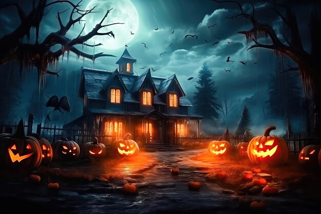 Ghostly Glowing Pumpkins Moonlit Halloween House Generatieve AI