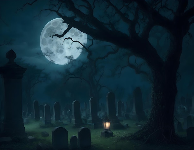満月の背景を持つ真夜中の幽霊のような墓地