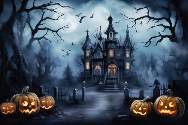 Ghostly Halloween House with Pumpkins