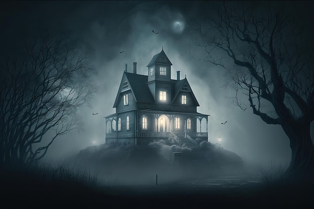 Ghostly masked horror house at night in fog on hill