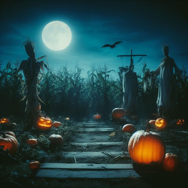 ghostly pumpkin patch in a haunted cornfield where scarecrows come to life at midnight