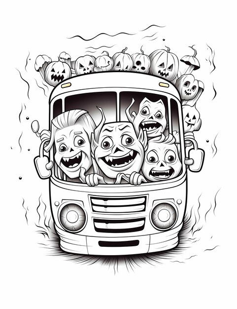 Photo ghostly road trip kids coloring page with halloween ghosts