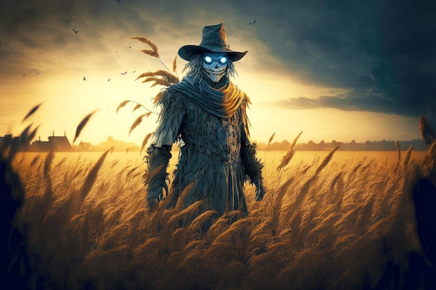 Ghostly scarecrow on field in evening