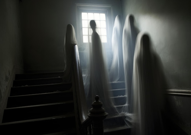 Ghostly shadows casting over a creepy stairwell