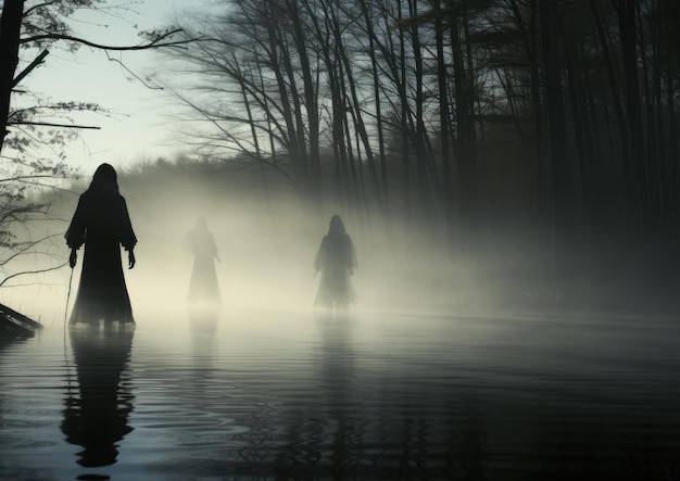 Ghostly shadows casting over a haunted lake