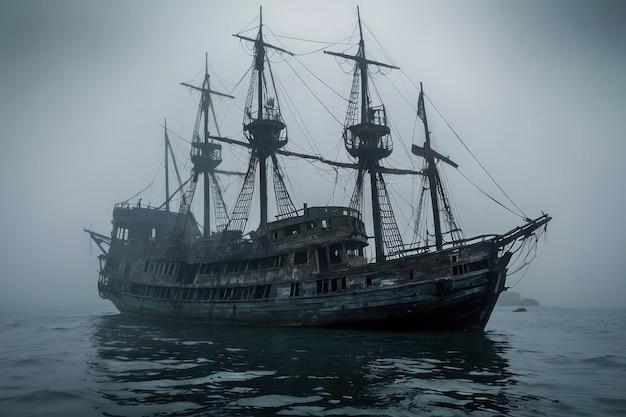 Ghostly ship emerging from the foggy sea