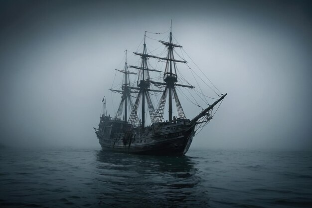 Ghostly ship emerging from the foggy sea