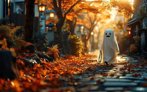 Foto una vista spettrale in un vestito bianco per strada che sembra un fantasma