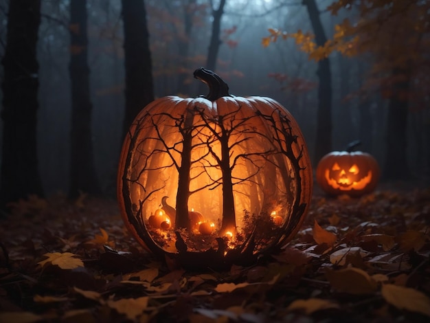 Призрачный силуэт дома с привидениями, освещенный светящимся тыквенным фонарем свежей осенью.