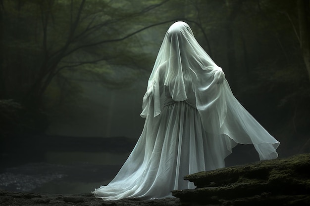 Ghostly silhouette of a woman in a white veil in dark misty nature generative ai