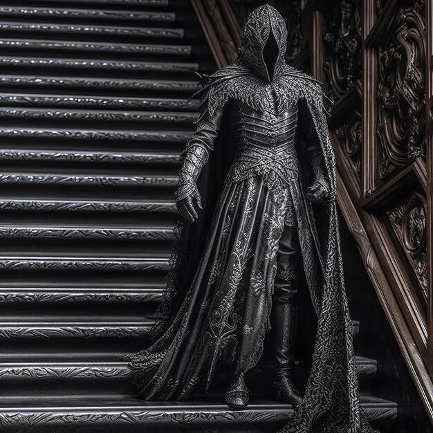 Ghostly specter lurking on gothic stairs