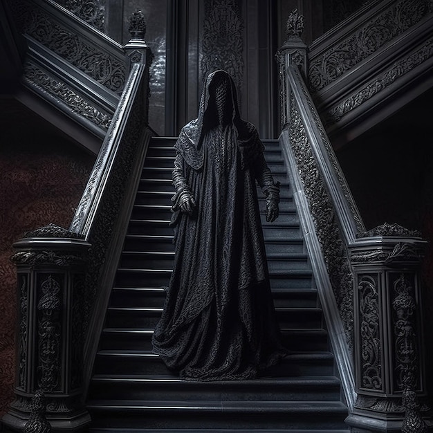 Ghostly specter lurking on gothic stairs