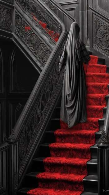 Ghostly specter lurking on gothic stairs