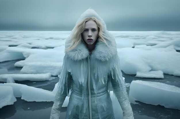 A ghostly woman walking along a country path on a spooky misty winters day with a cold blue edit