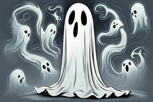 Ghosts fly on gray background halloween concept