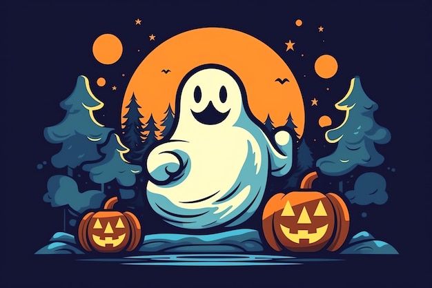 Ghosts on halloween celebration concept in a cemetery or forest at night in cartoon style Halloween